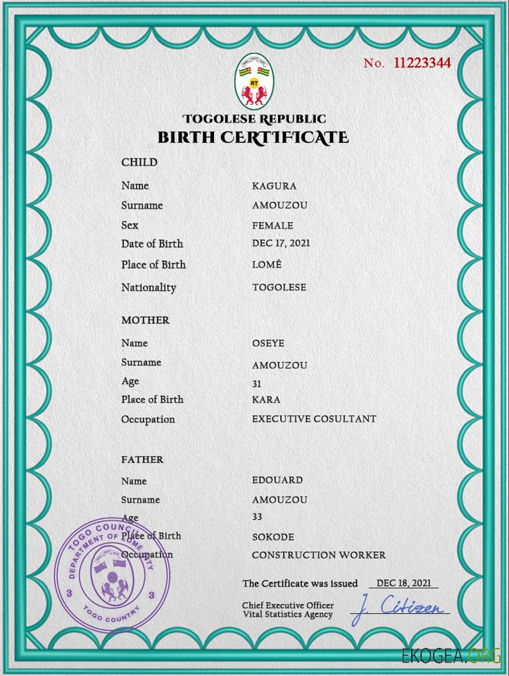 Modèle PSD d'acte de naissance du Togo